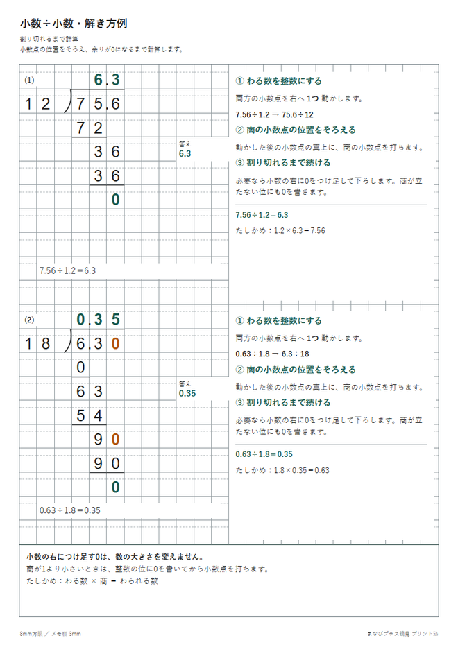 小数÷小数（割り切れるまで）の解き方例と問題の見本