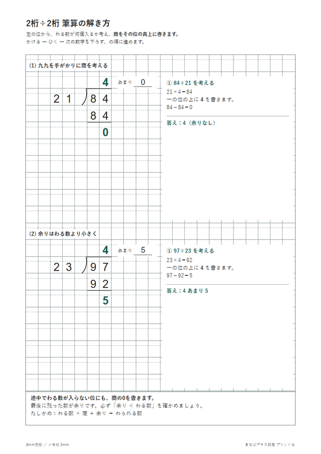 2桁÷2桁（筆算）の解き方例と問題の見本