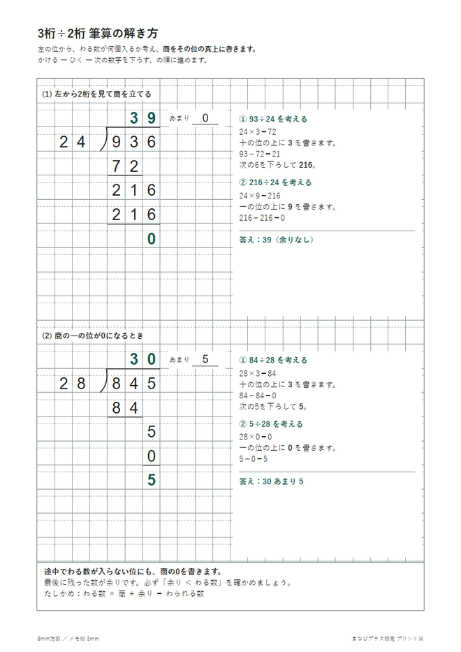 3桁÷2桁（筆算）の解き方例と問題の見本
