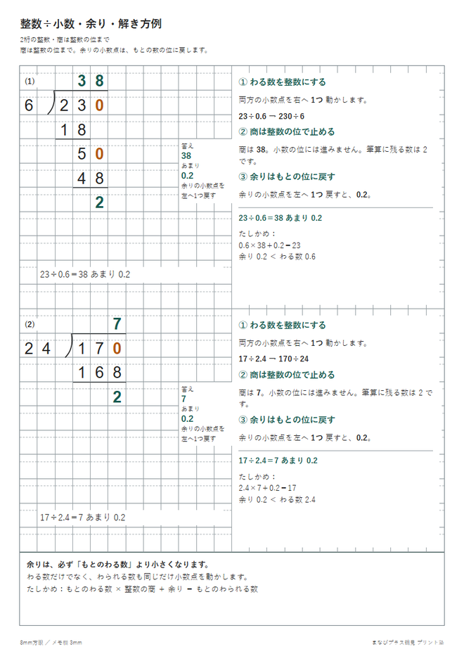 整数÷小数（整数の商と余り）の解き方例と問題の見本
