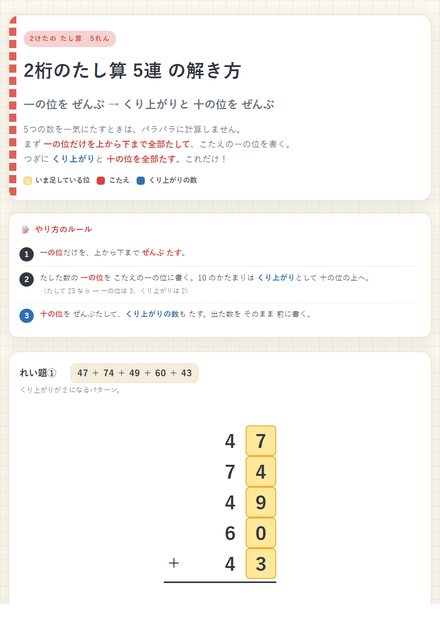 2桁のたし算 5連 の解き方 のサムネイル